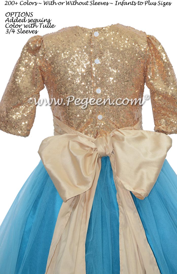 Pure Gold and Mosaic Teal and Sequined flower girl dress