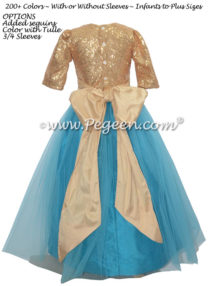 Pure Gold and Mosaic Teal and Sequined flower girl dress