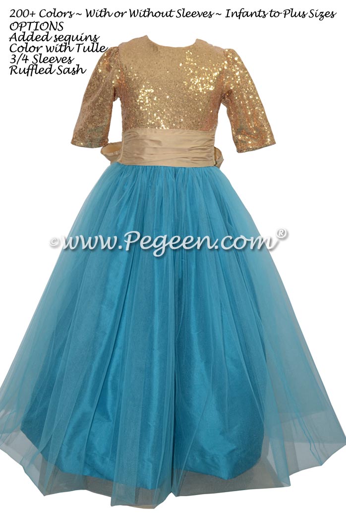 Pure Gold and Mosaic Teal and Sequined flower girl dress