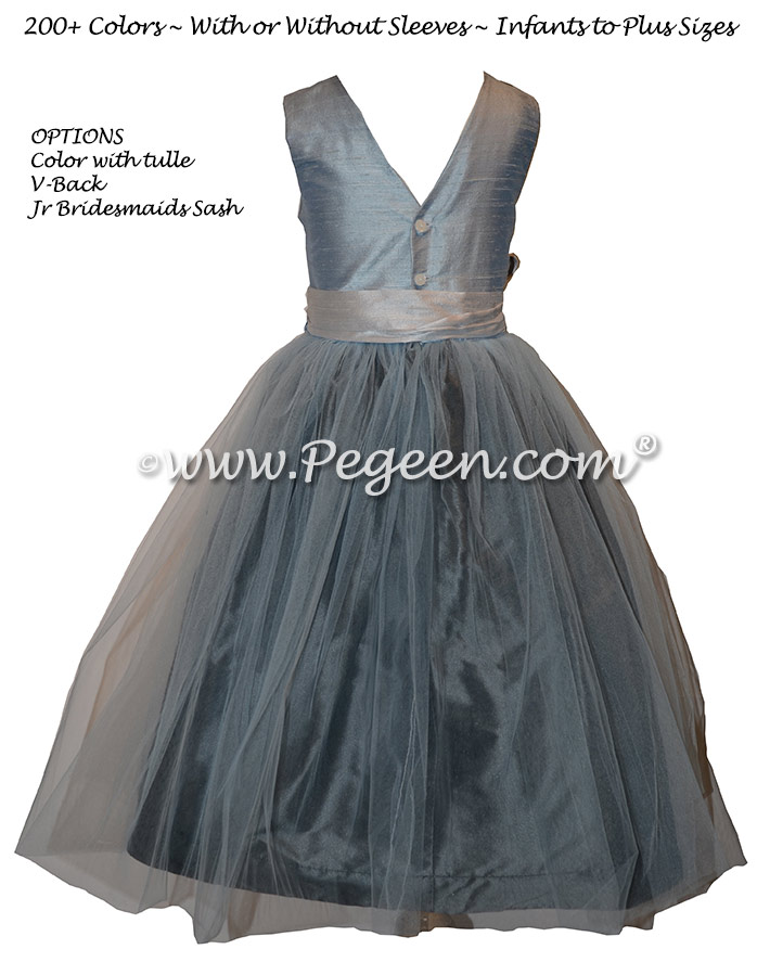 Flower girl dress in platinum gray and cloud blue silk and tulle | Pegeen