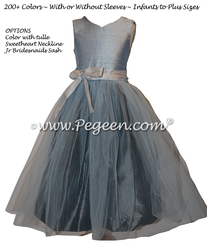 Platinum Gray and Cloud Blue Silk and Tulle Flower Girl Dress Style 356