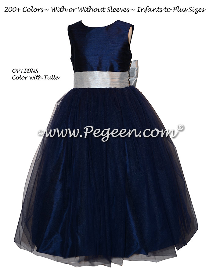 Flower Girl Dress Style 356 in Navy and Platinum Gray Silk | Pegeen