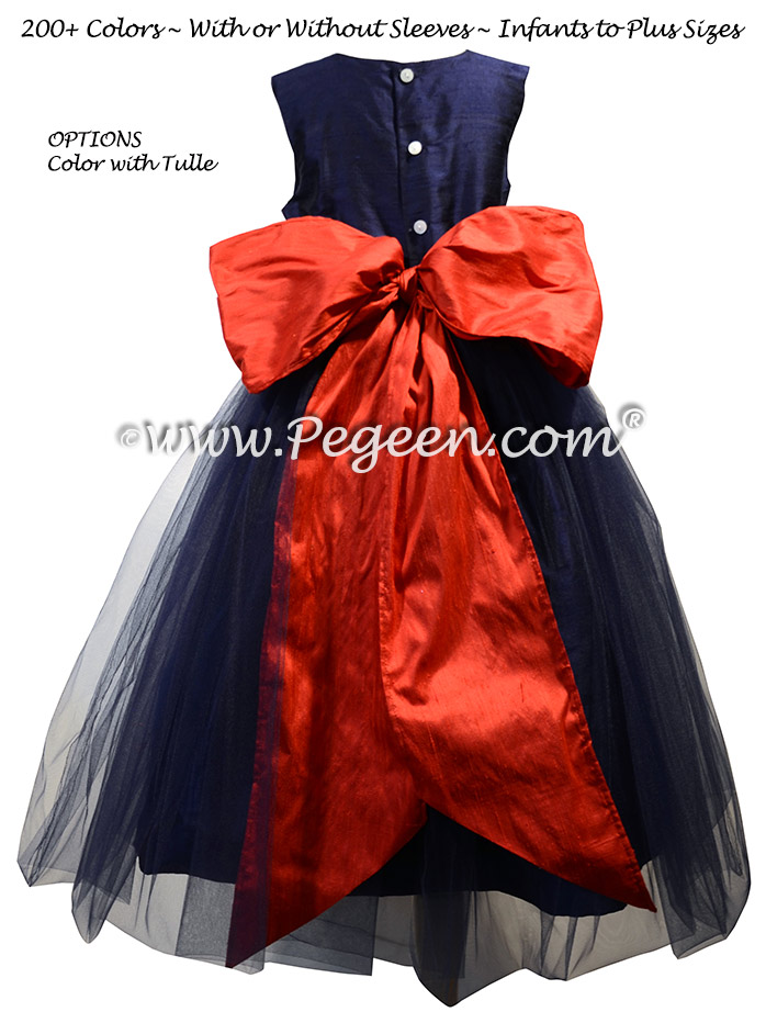 Navy and Brick Red Tulle and Silk flower girl dresses - Style 356