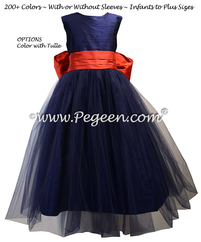 Navy and Brick Red Tulle and Silk flower girl dresses - Style 356