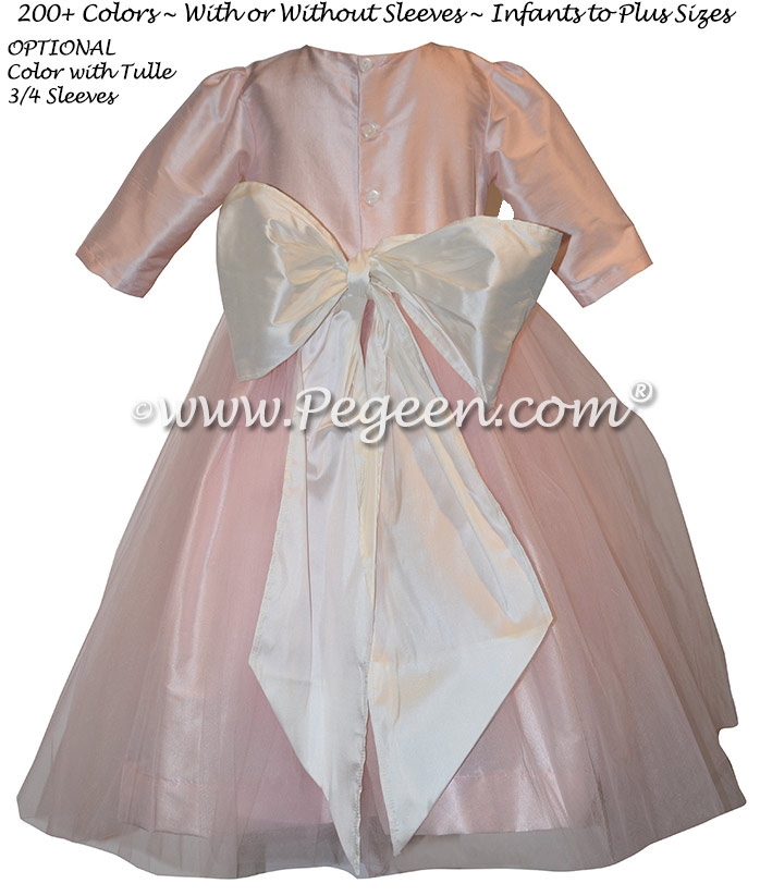 Champagne pink tulle and silk flower girl dresses with 3/4 Sleeves