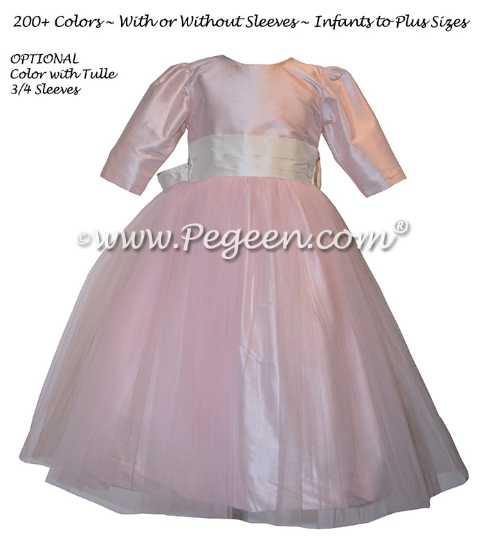 Champagne pink tulle and silk flower girl dresses with 3/4 Sleeves