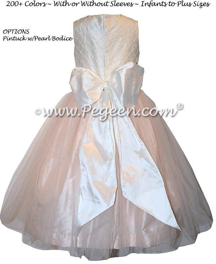 Pink and Ivory Pintuck and Pearled Custom Silk flower girl dress