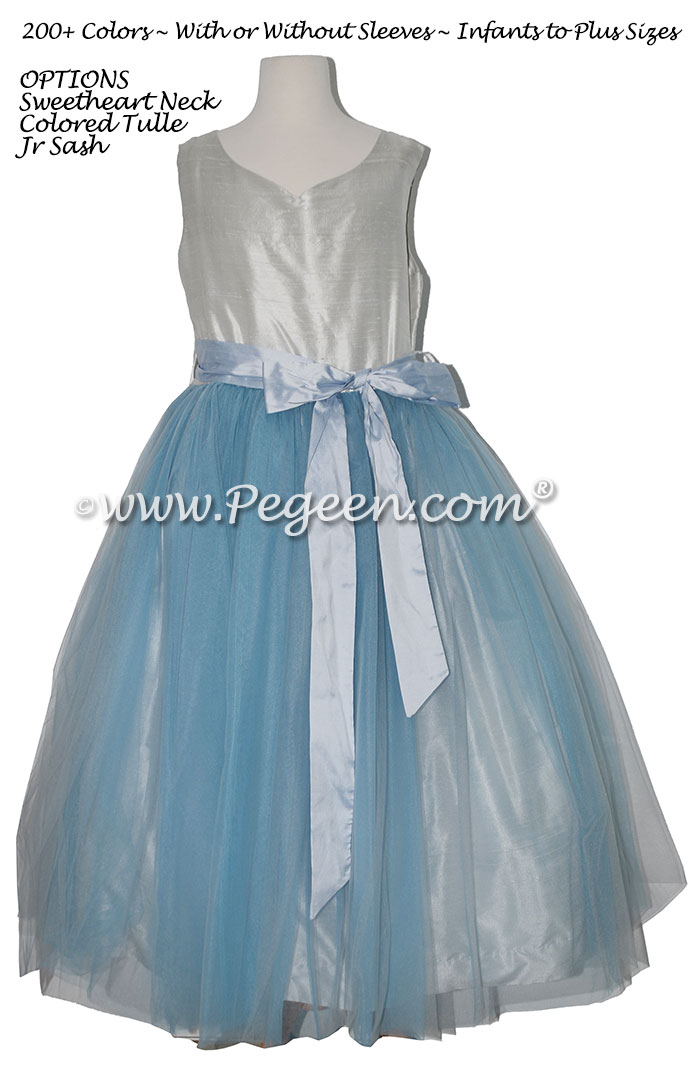 Cloud Blue and Platinum Gray tulle and silk Jr Bridesmaids Dresses