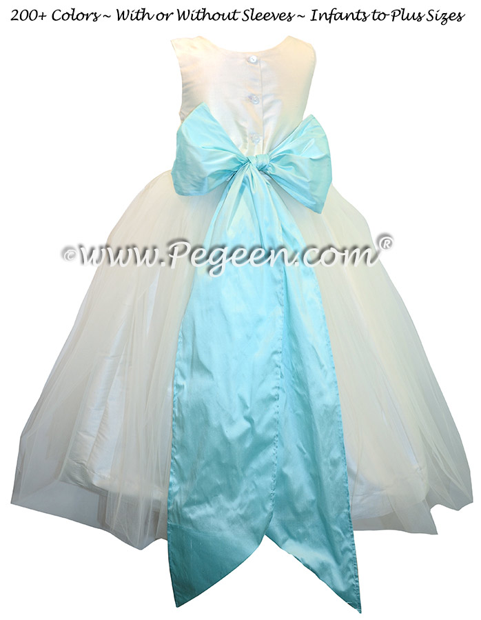 White and Pond Blue Custom Silk and Tulle flower girl dresses - Style 356
