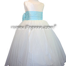 White and Pond Blue Custom Silk flower girl dresses