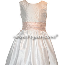 Petal Pink Silk and Antique White with Pearls flower girl dresses Style 370