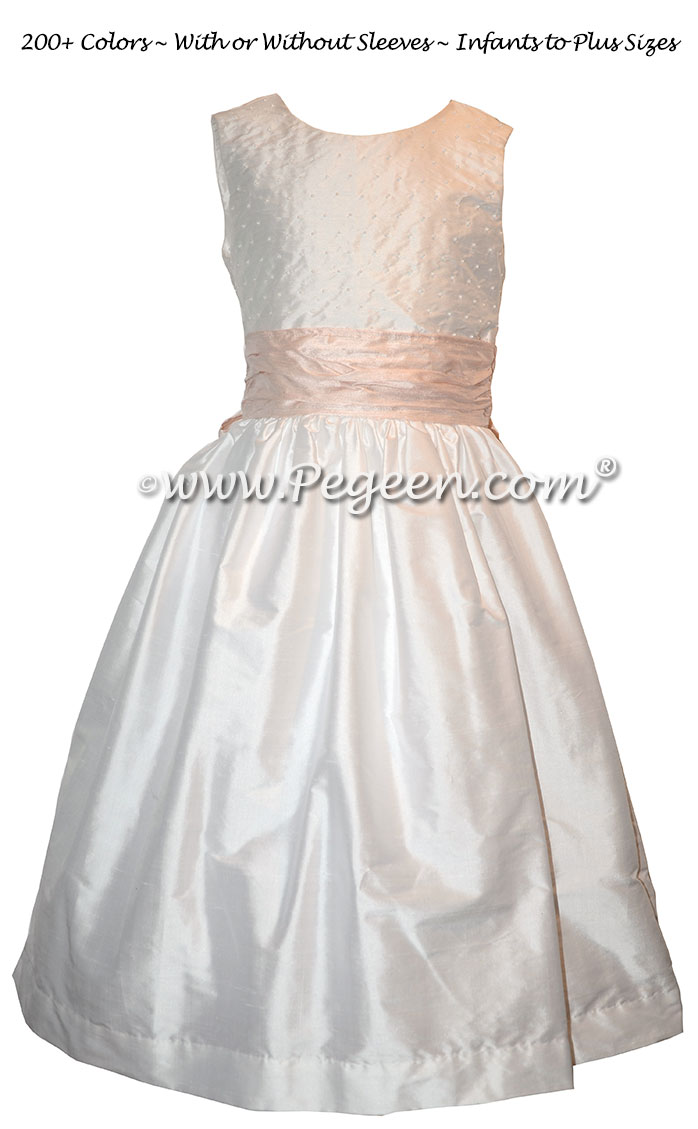 Ballet Pink and Antique White with Pearls and V-Back flower girl dresses