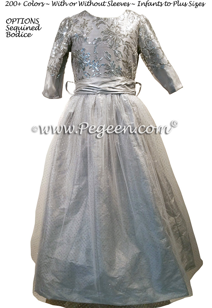 Silver Sequined and Platinum Tulle and Silk flower girl dresses - Style 372