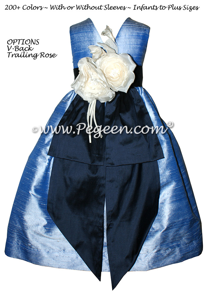 Navy Blue and Denim Blue Flower Girl Dresses with Back Flowers Style 383