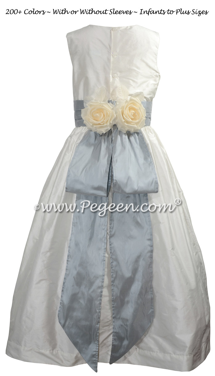 Gray Sky and White Silk Flower Girl Dress