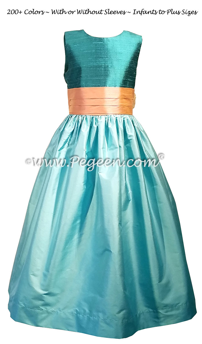 Teal, tiffany blue and peach silk flower girl dresses