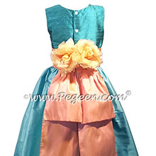 Teal, tiffany blue and peach silk flower girl dresses