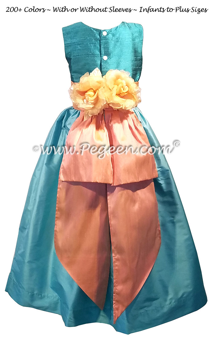 Teal, tiffany blue and peach silk flower girl dresses