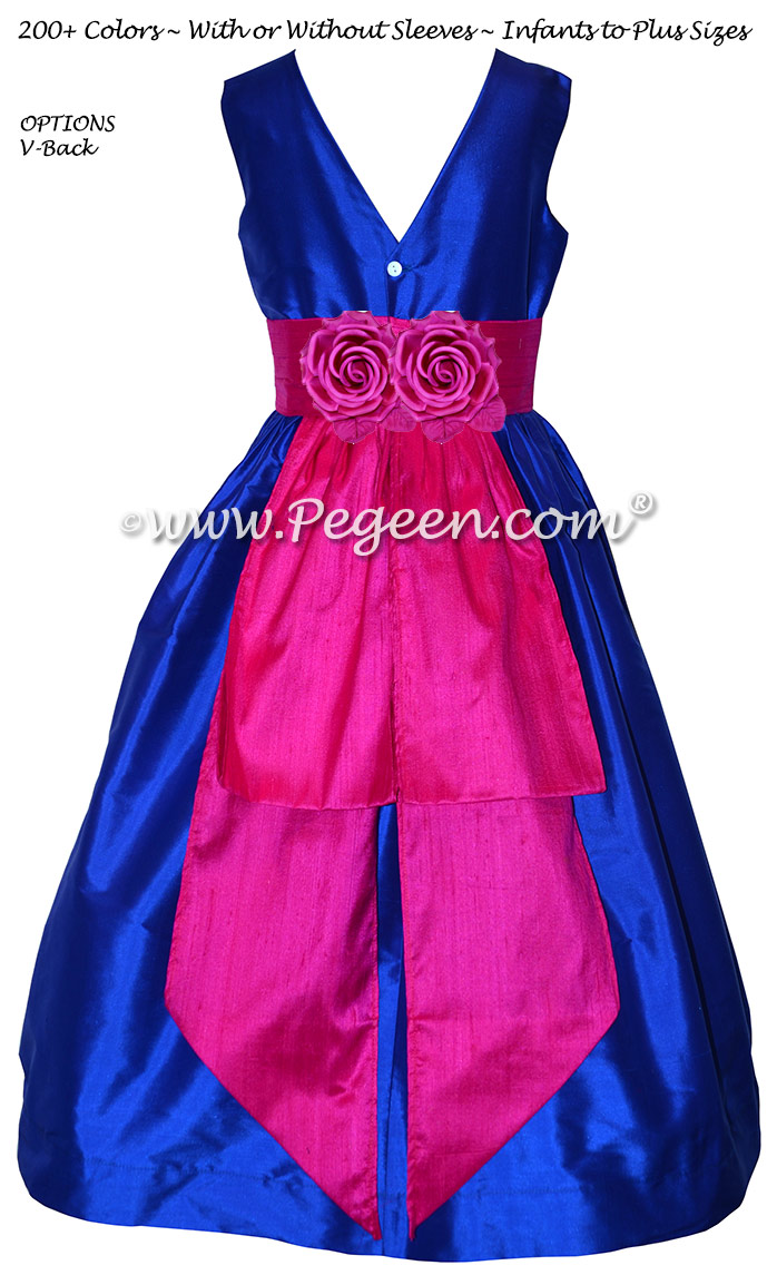 Blue Sapphire with Hot Pink Sash Custom Flower Girl Dress with V-Back