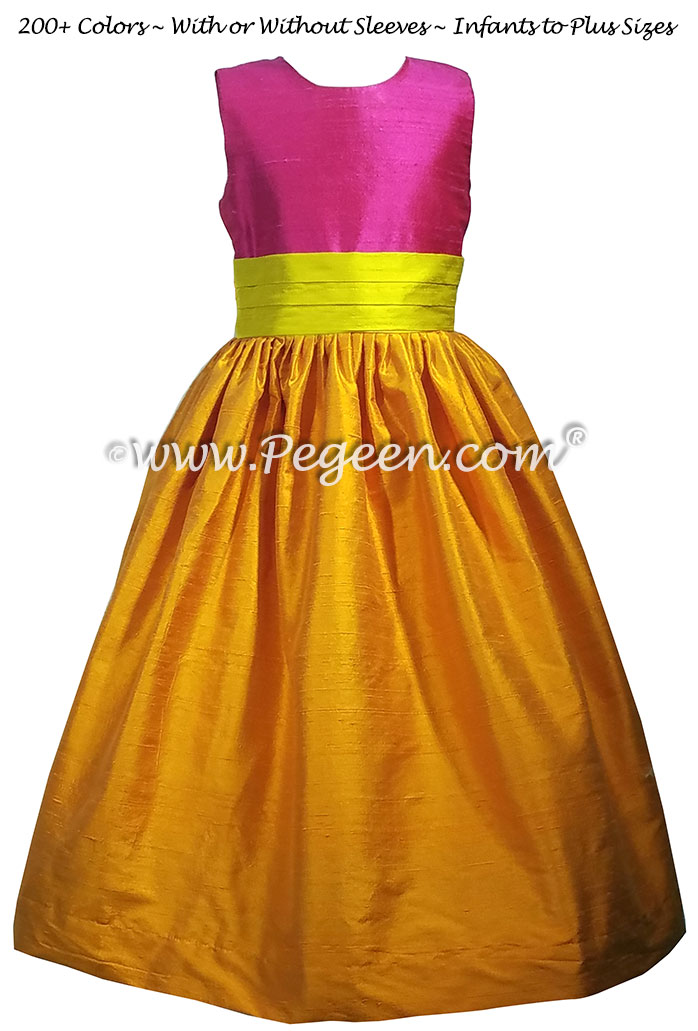 Tangerine orange, Hot Pink Shock and Goldenrod Yellow Flower Girl Dresses Style 383