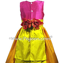 Hot pink, orange and bright yellow silk flower girl dresses