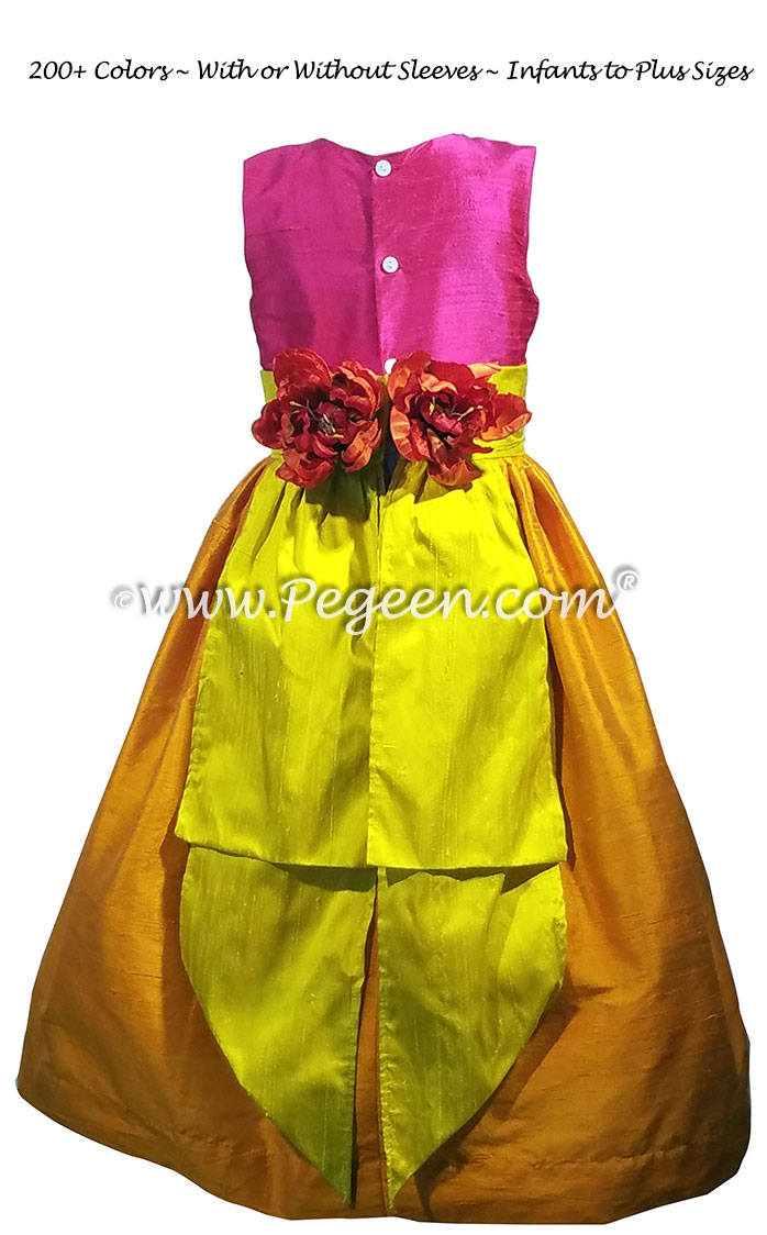 Tangerine orange, Hot Pink Shock and Goldenrod Yellow Flower Girl Dresses Style 383