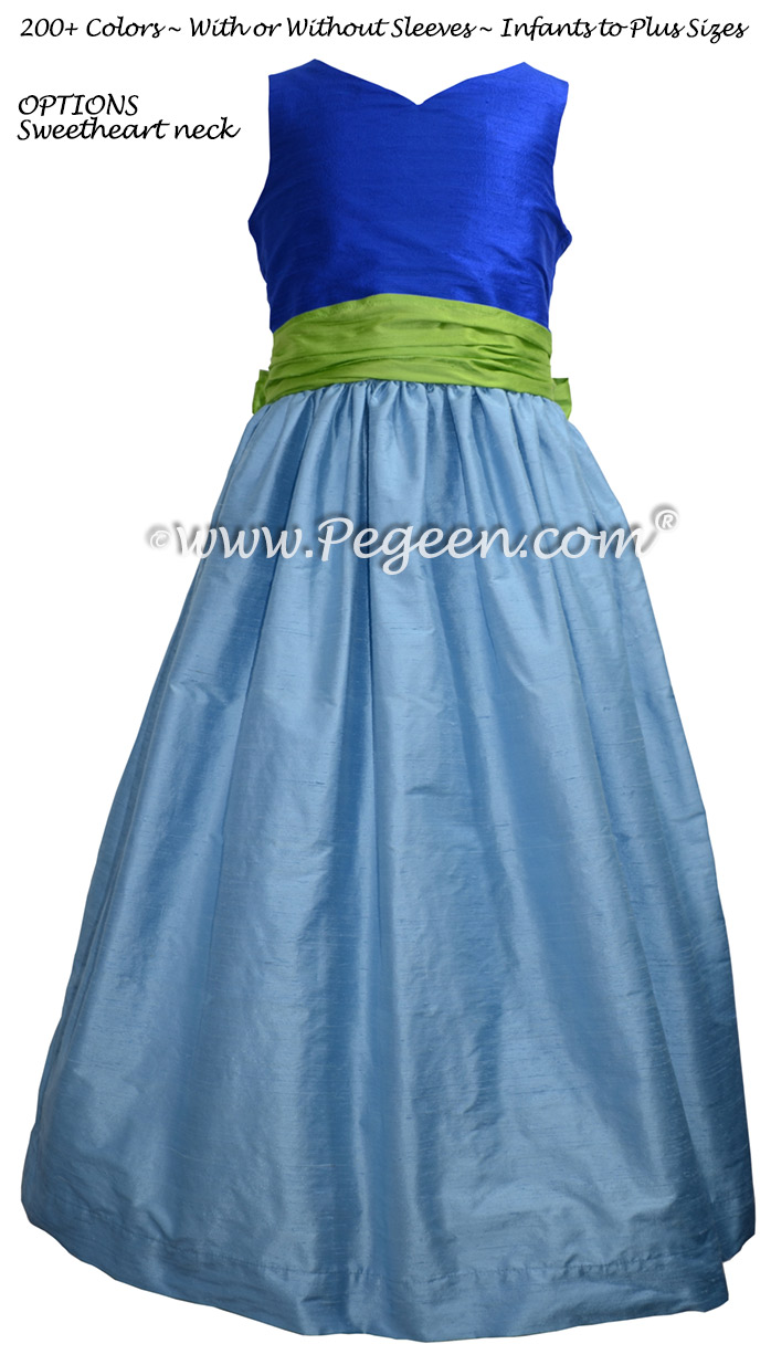 Malibu Blue, apple green and sky blue flower girl dress Style 388