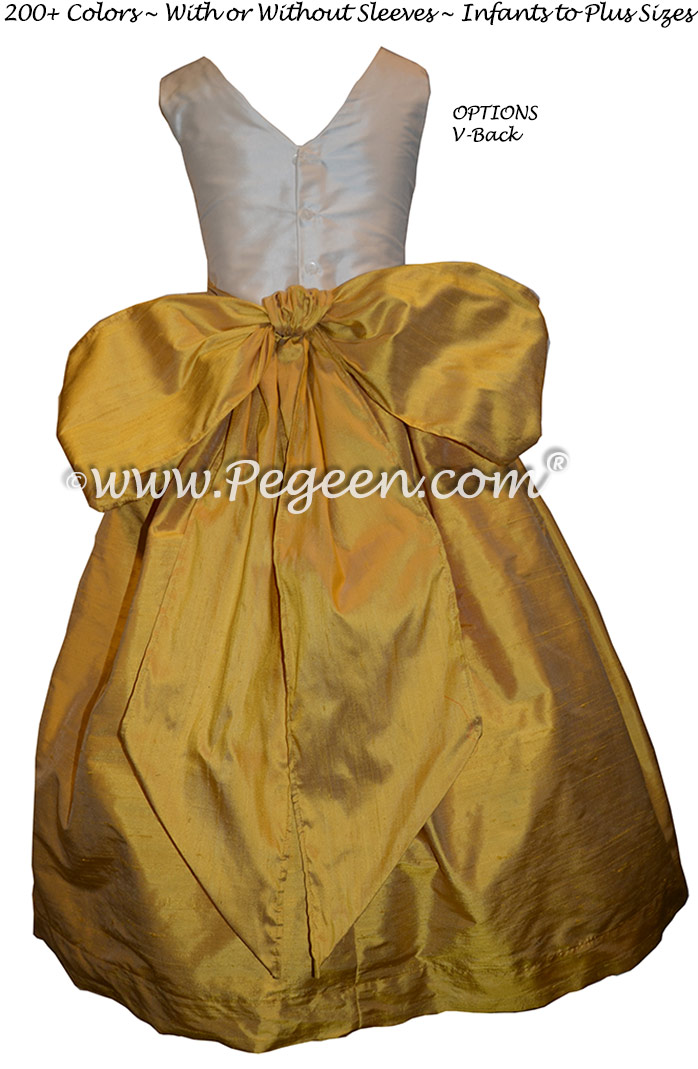 Custom Silk Mustard Yellow and Bisque Flower Girl Dresses Classic Style 388