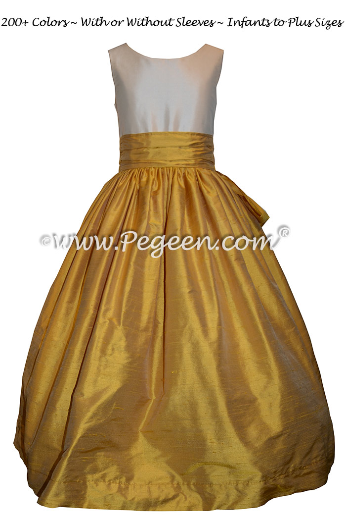 Custom Silk Mustard Yellow and Bisque Flower Girl Dresses Classic Style 388
