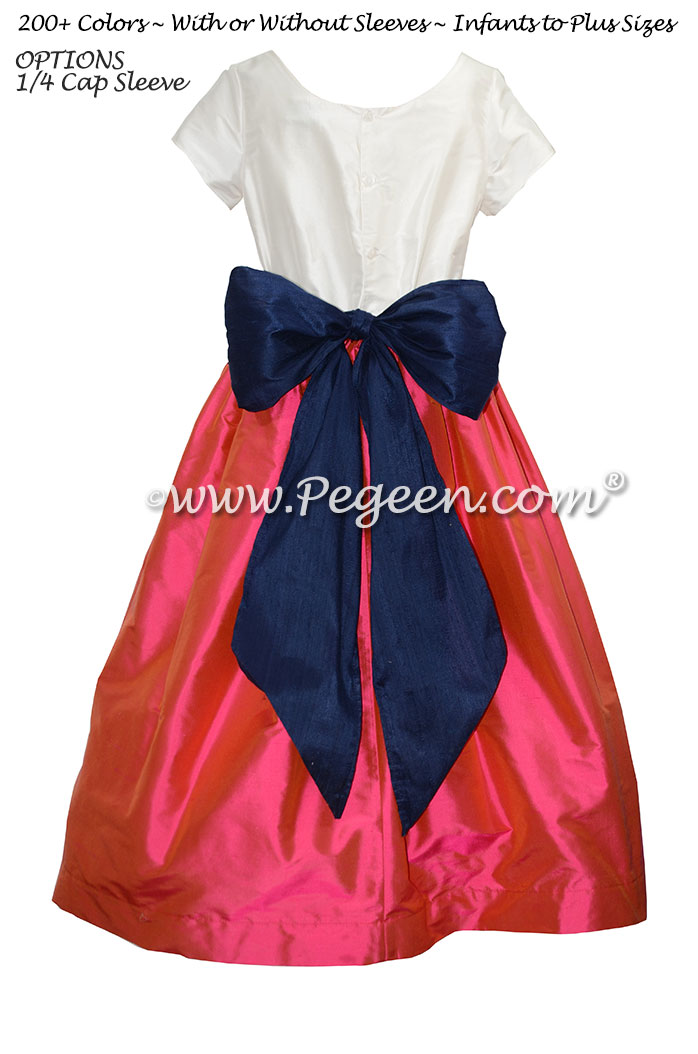 Flower Girl Dress in Sorbet Pink, Navy, Antique White - Pegeen Style 388