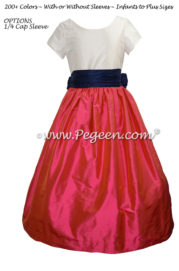 Flower Girl Dress in Sorbet Pink, Navy, Antique White - Pegeen Style 388