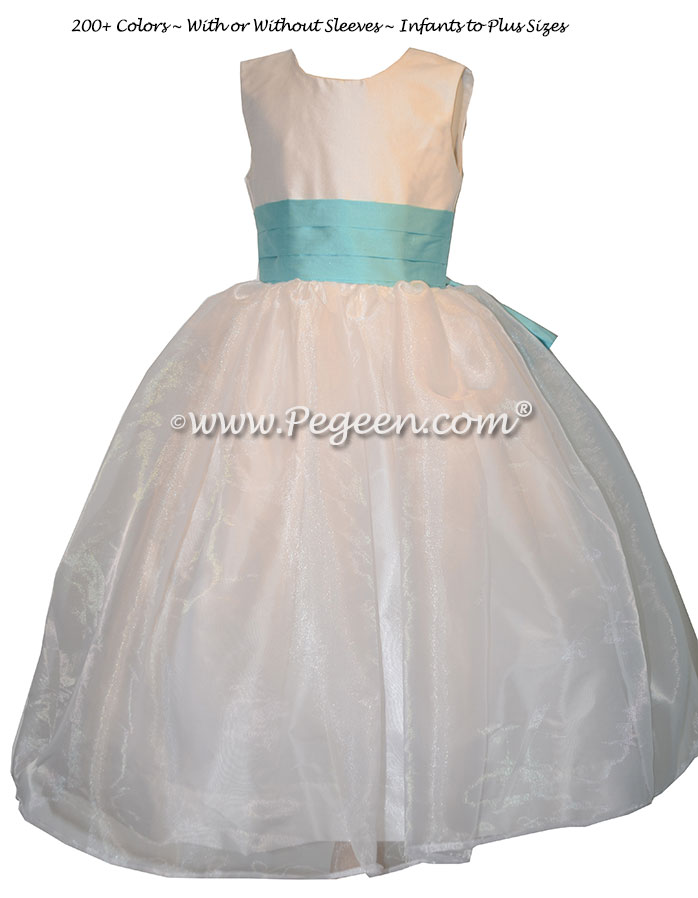 Bahama Breeze and Antique White silk flower girl dress Style 394