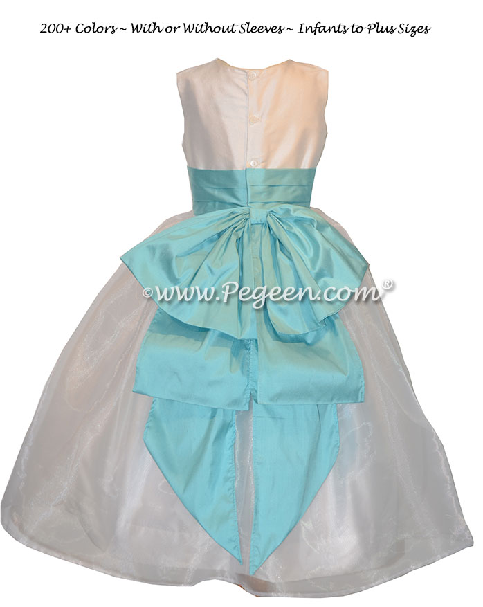 Bahama Breeze and Antique White silk flower girl dress Style 394