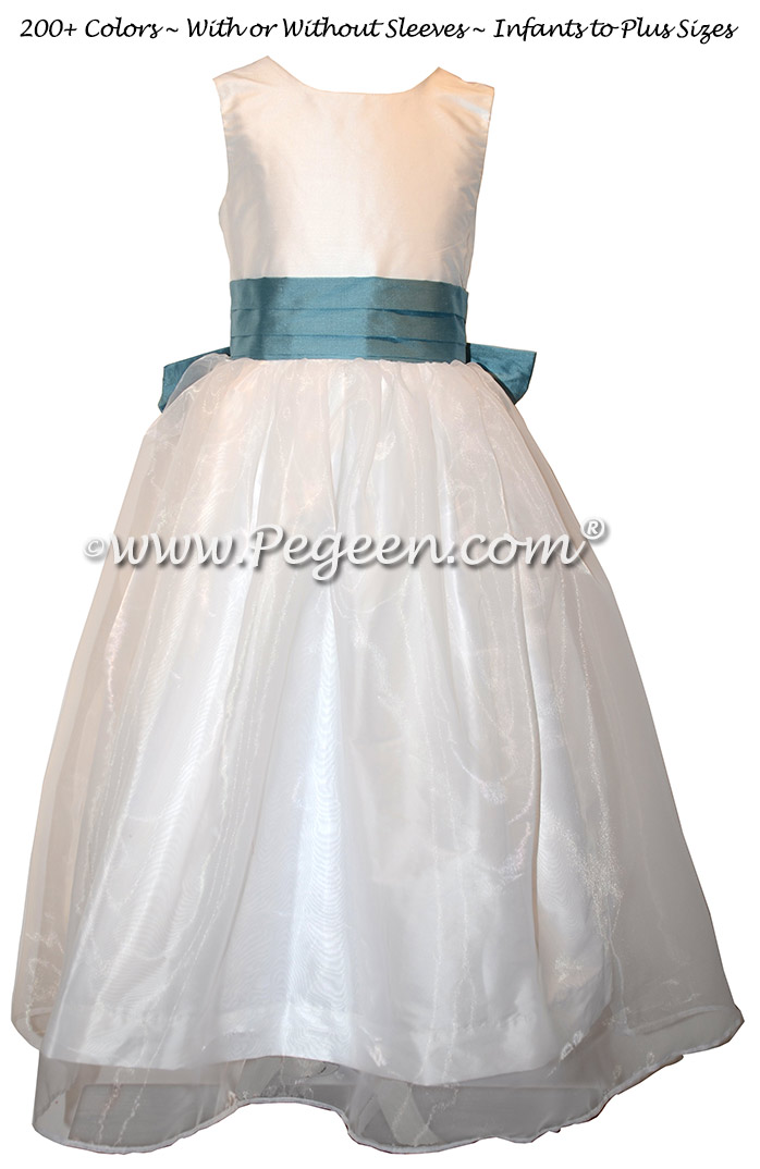 Flower Girl Dress in French Blue, White, Organza  with Cinderella Bow | Pegeen