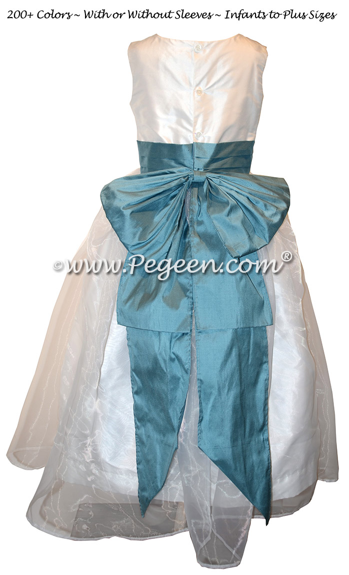 Flower Girl Dress in French Blue, White, Organza  with Cinderella Bow | Pegeen