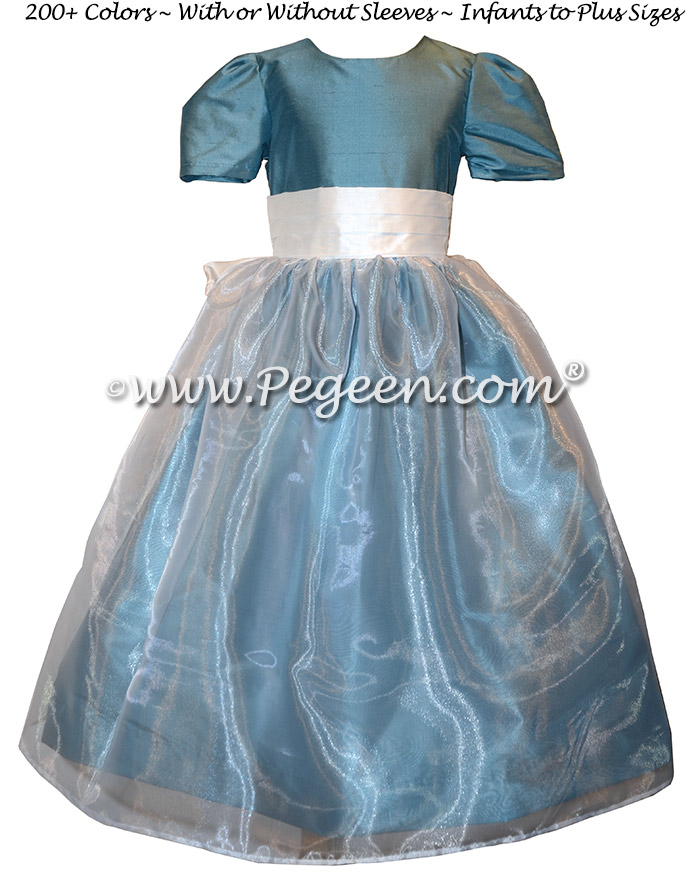 French Blue and White Silk and Organza flower girl dresses with Cinderella Bow