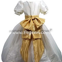 Ivory and gold silk flower girl dress with puff sleeves