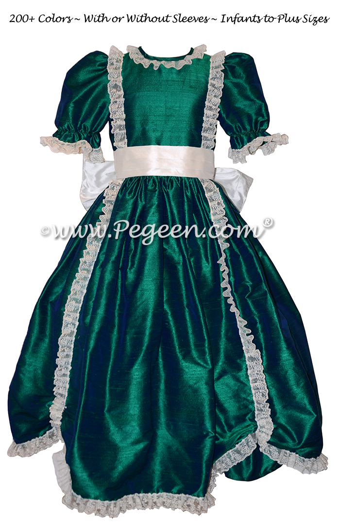 Victorian Style Silk Dress for Nutcracker Party Scene and Clara Costume in Holiday Green