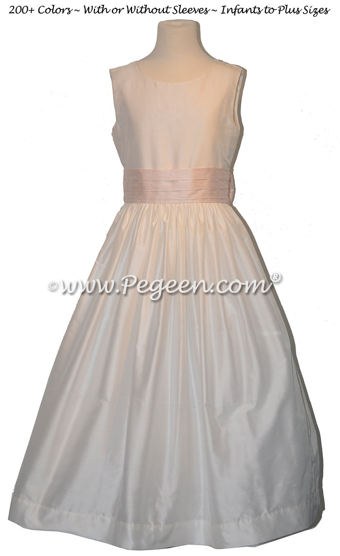 Ivory with a baby pink silk sash flower girl dress Style 398