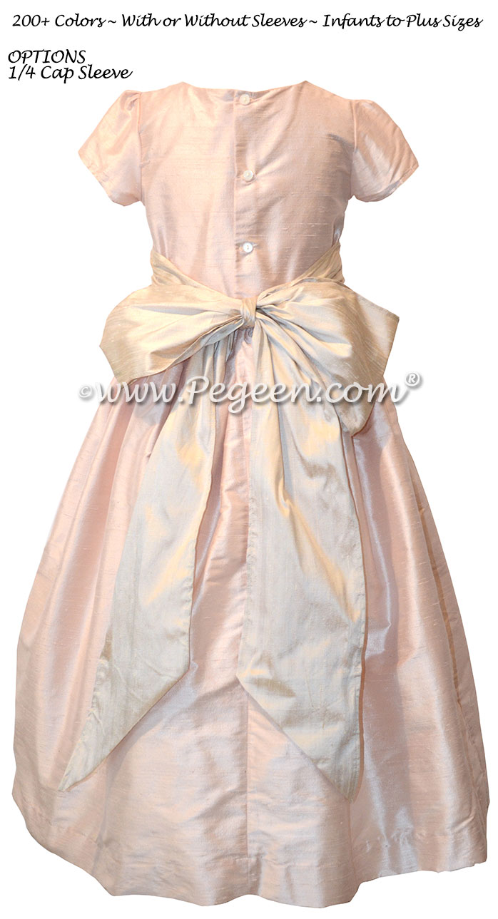 BABY PINK AND TOFFEE CUSTOM FLOWER GIRL DRESSES WITH 1/4 CAP SLEEVES