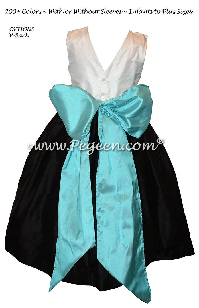 Custom Silk Flower Girl Dress in black, white and aqua blue