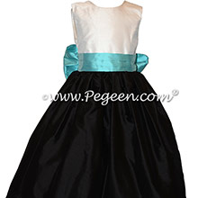 Custom Silk Flower Girl Dress in black, white and aqua blue