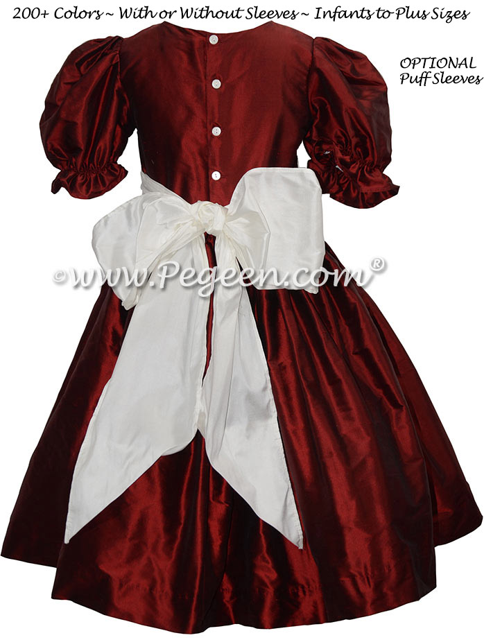 Flower Girl Dress in Claret Red Silk with an antique white silk sash