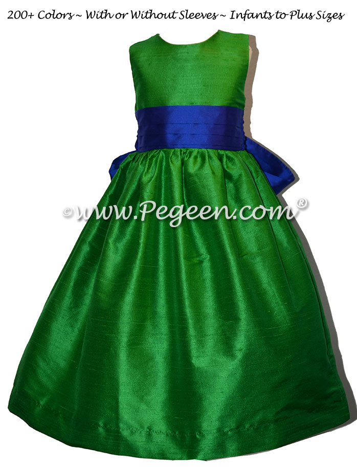 Shamrock Green and Sapphire Blue silk flower girl dresses