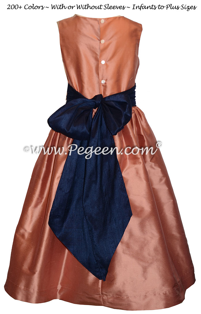 Salmon Flame and Navy Blue silk flower girl dresses