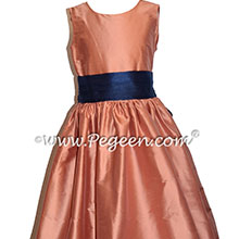Salmon Flame and Navy Blue silk flower girl dresses Style 398