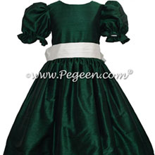 Forest Green and New Ivory Silk flower girl dress with puff sleeves