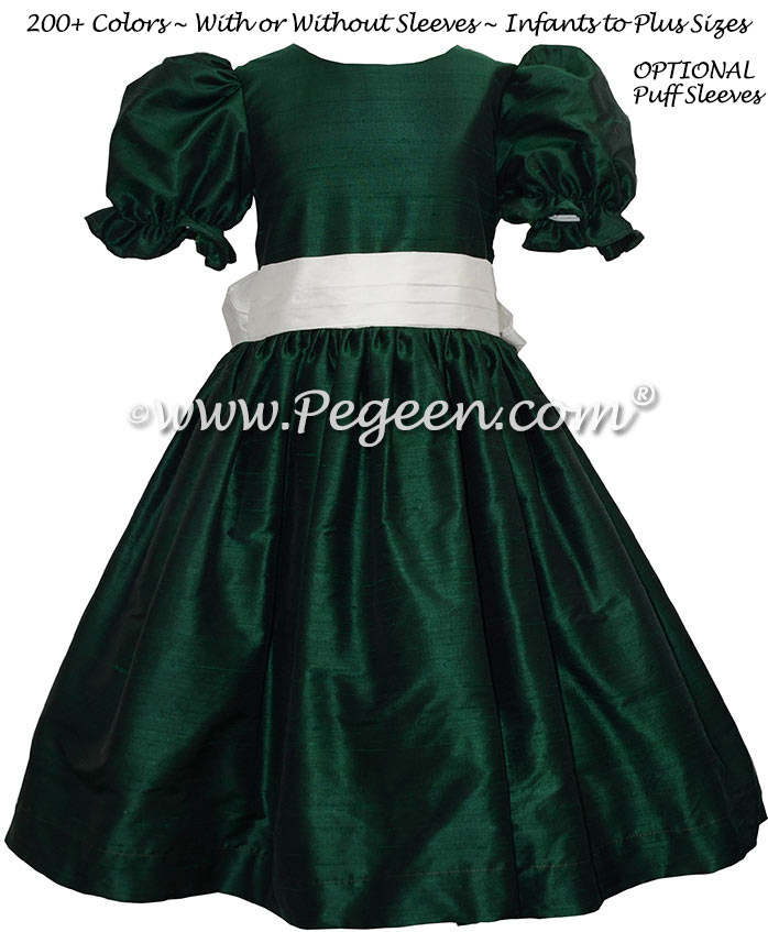 Forest Green and New Ivory Silk flower girl dress with puff sleeves