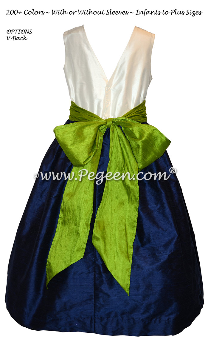 Grass Green and Navy Custom Flower Girl Dresses in Silk with V-Back