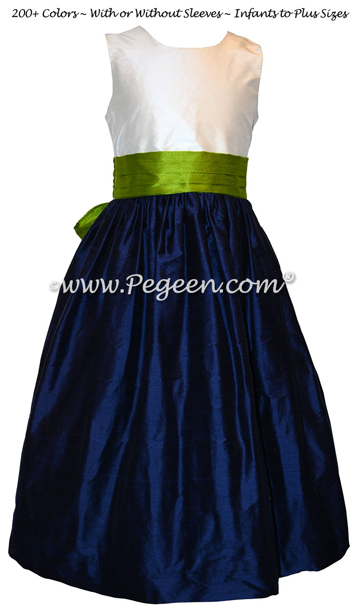 Grass Green and Navy Custom Flower Girl Dresses in Silk Style 398